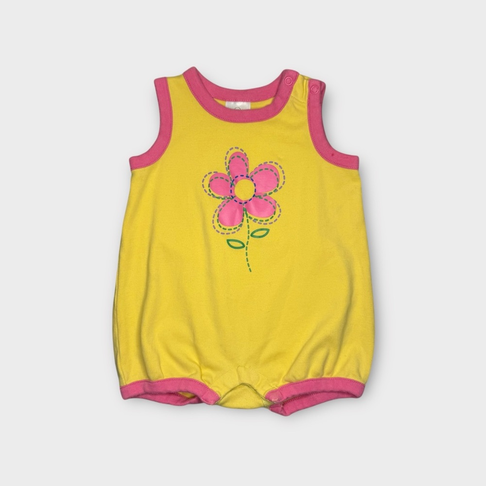 Hanna Andersson Pink Flower Graphic Yellow Bubble Romper